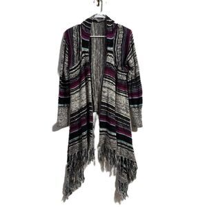 Vanity Purple and Gray Long Cardigan with Fringe Detail